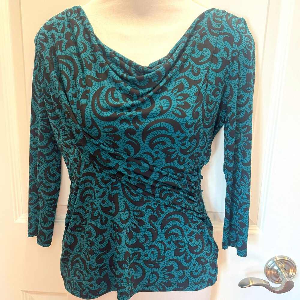 New York & Company Green Black Cowl Draped Top Blouse XS